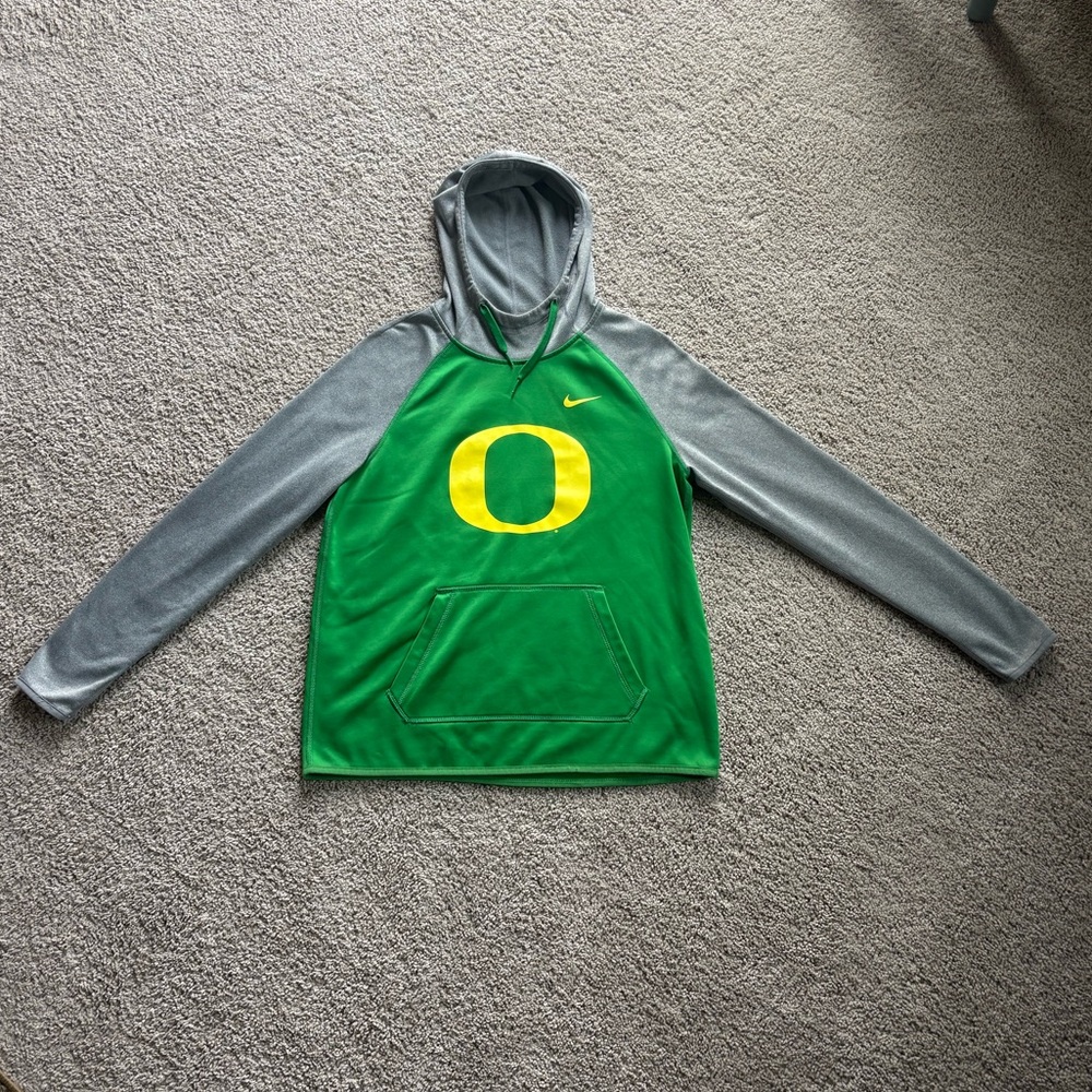 Nike Green Hoodie with Yellow 'O' and Gray Sleeves